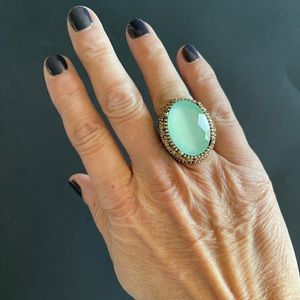 Vintage Cocktail Ring, Gold Plated Filigree, Oval Blue Green Simulated Stone